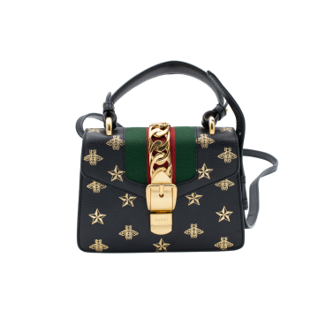 Gucci Calfskin Bee Star Print Mini Sylvie Top Handle Bag Black